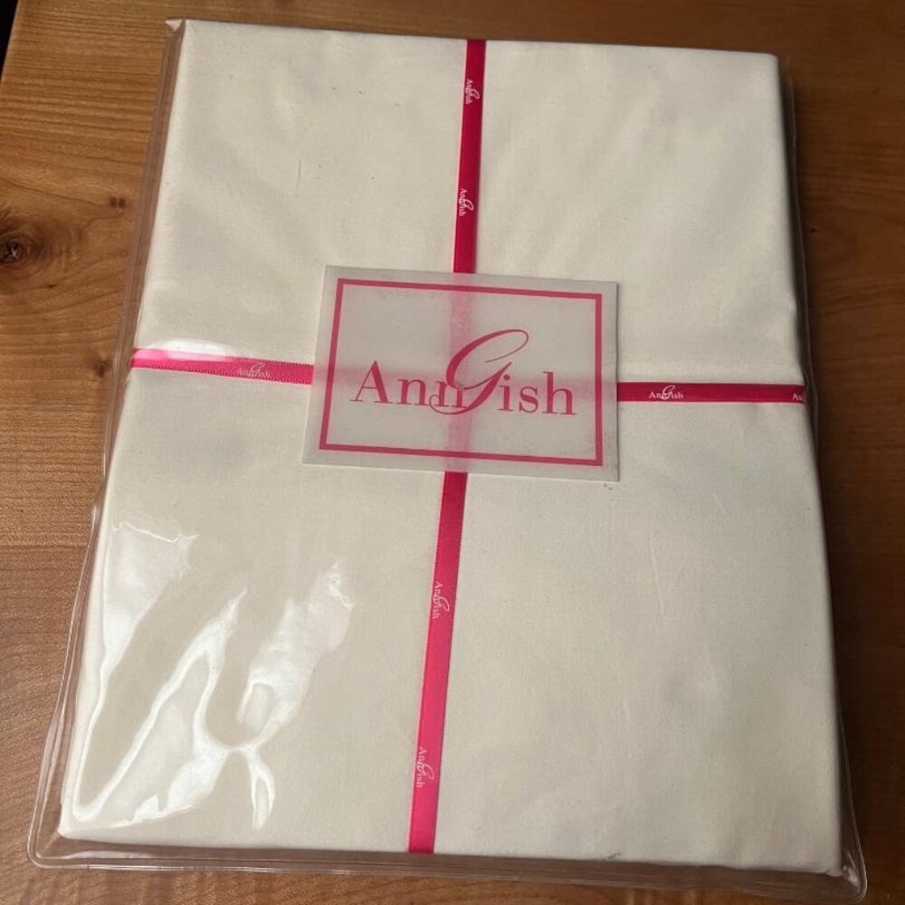 NWT $163 Ann Gish Cotton Sateen KING Pillowcases Set - Ivory w/ Frost Silk Trim